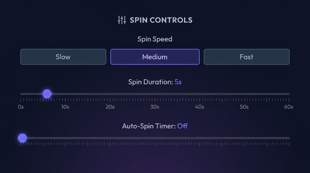 Adjust speed control of spin the wheel - Spin controls settings panel showing spin speed, spin duration slider, and auto-spin timer