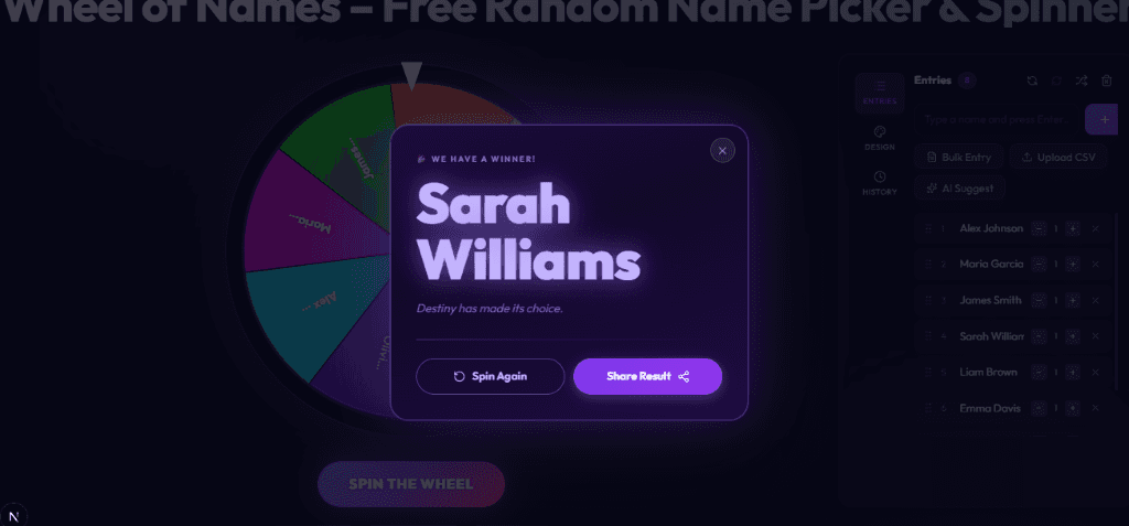 Spin Wheel & get results – Winner announcement modal showing Sarah Williams randomly picked by the wheel