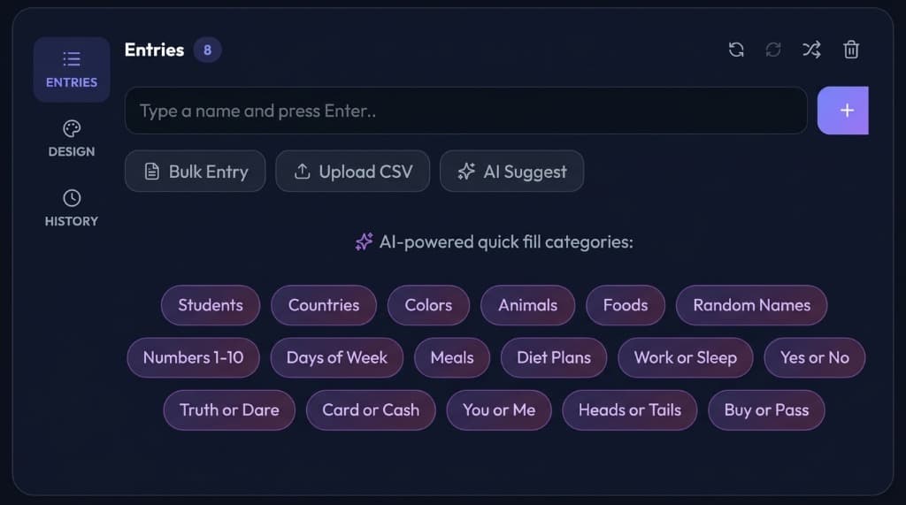 Wheel of Names Save and Share Spin the Wheel – Entries panel with AI Suggest, Bulk Entry, Upload CSV and quick fill categories