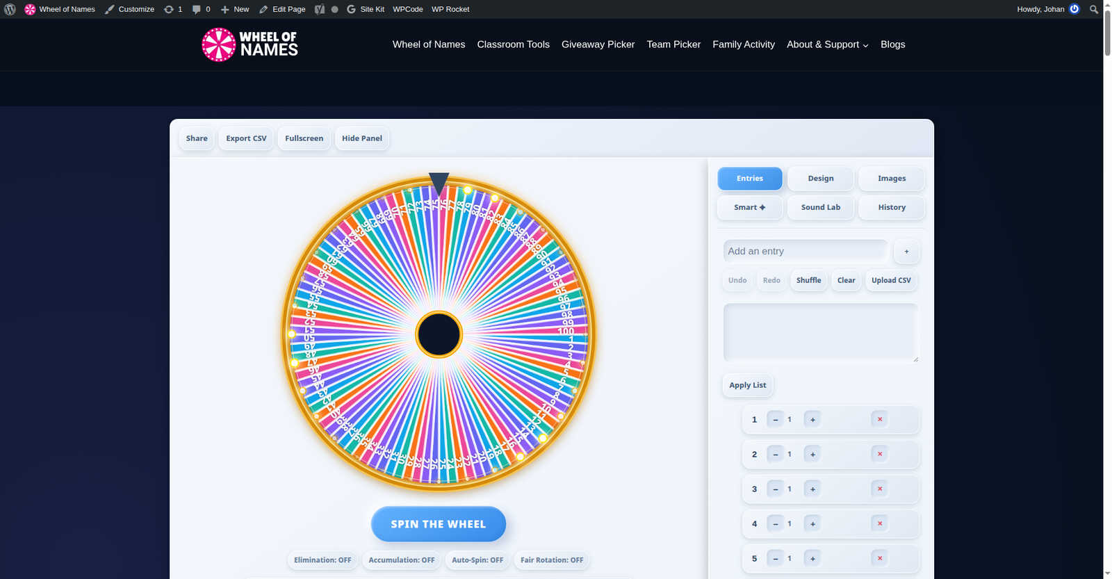 Number picker wheel showing numbers 1 to 100 on colorful segments